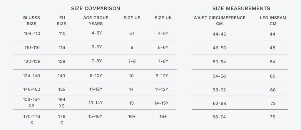 Laste suuruste tabel